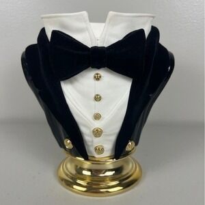 Bath & Body Works Tuxedo 3-Wick Candle Holder Bust Velvet Bow Tie Gold Accents